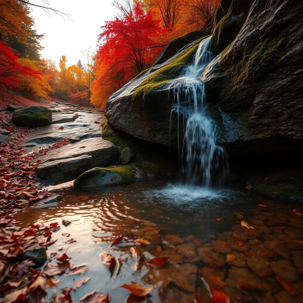Autumn Sunset Over Stream and Mossy Rocks