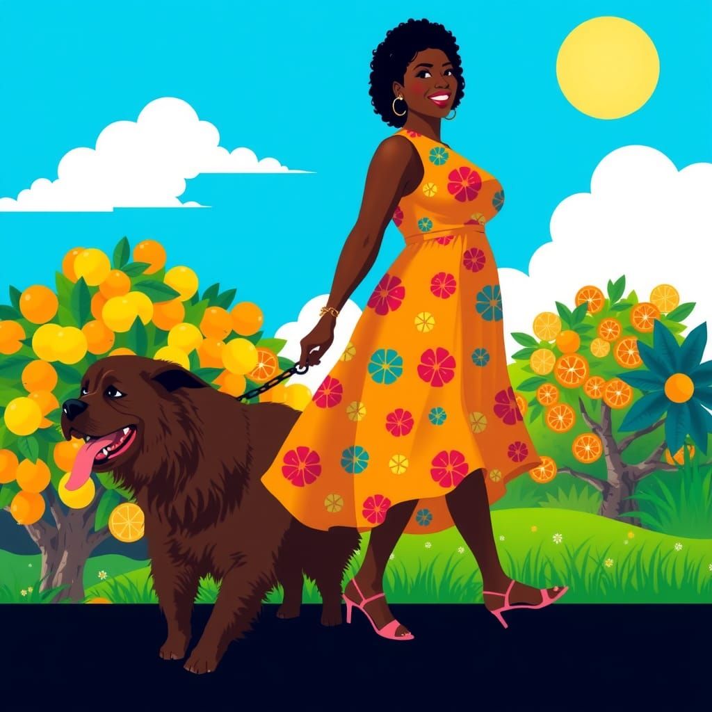 Woman and Dog Stroll in Citrus Grove