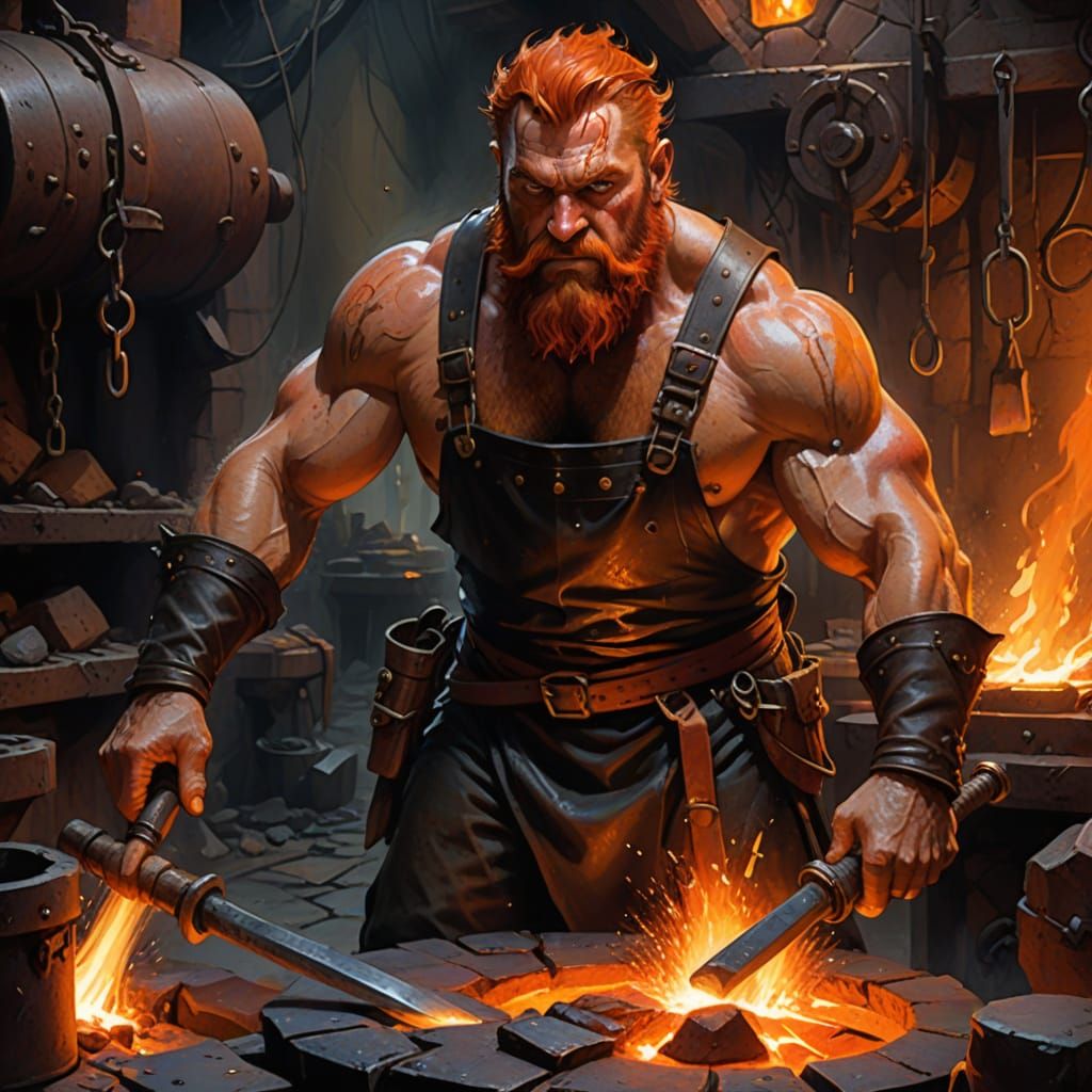 Dwarf Blacksmith in Intense Forge Scene