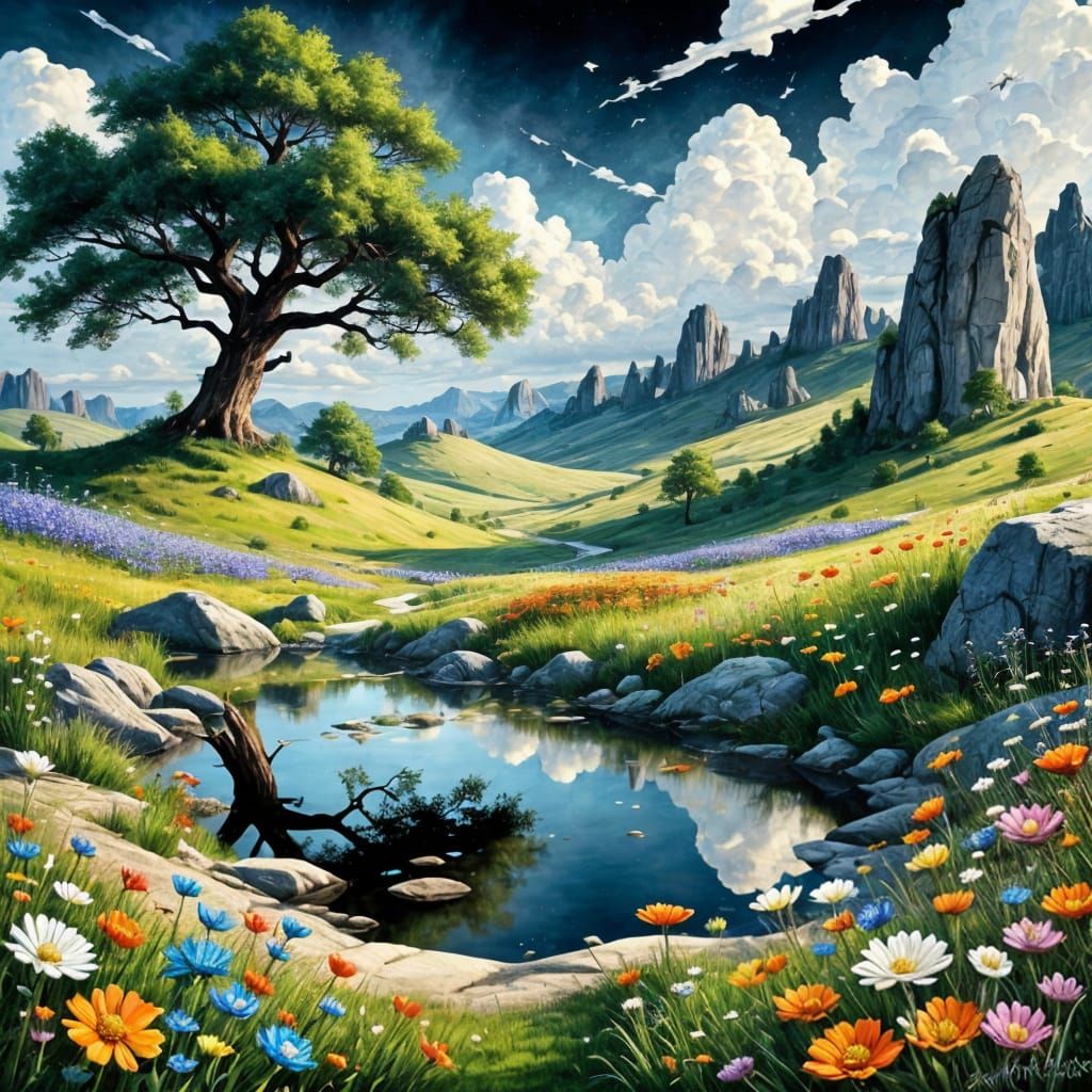 Surreal Landscape with Wildflowers and Oak Trees in Stylized...