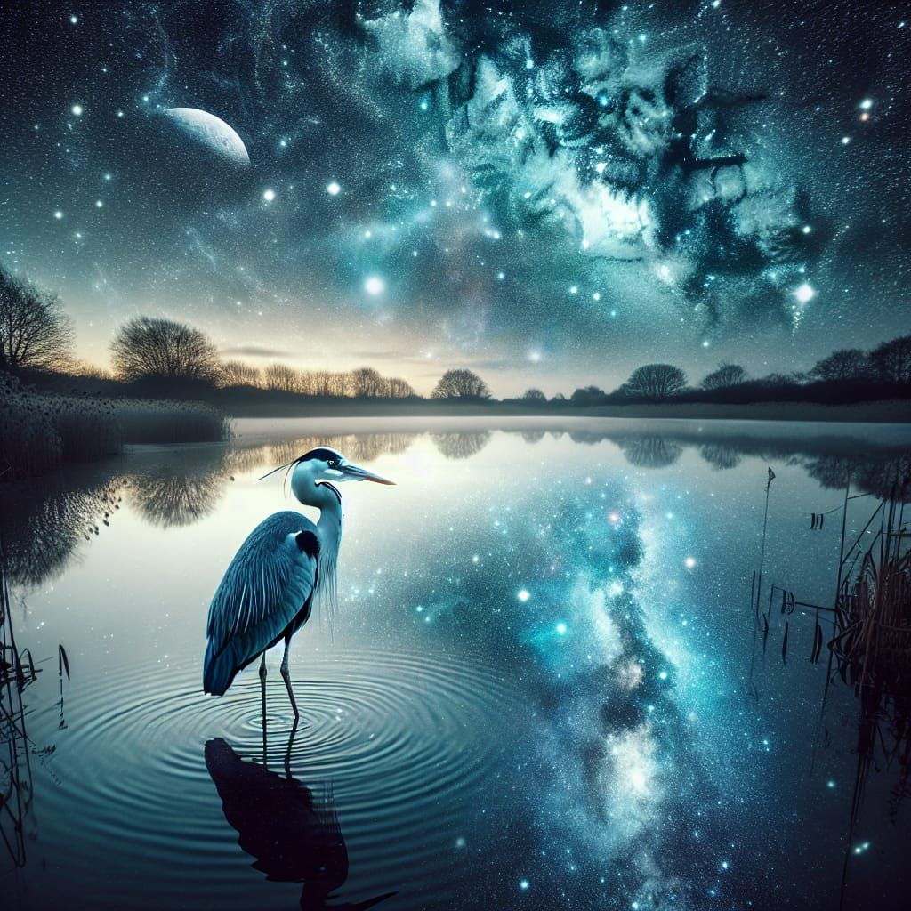 Cosmic Heron Amidst Celestial Wonder