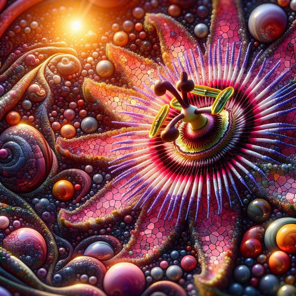 Abstract Passion Flower Scene with Mythical Elf Child