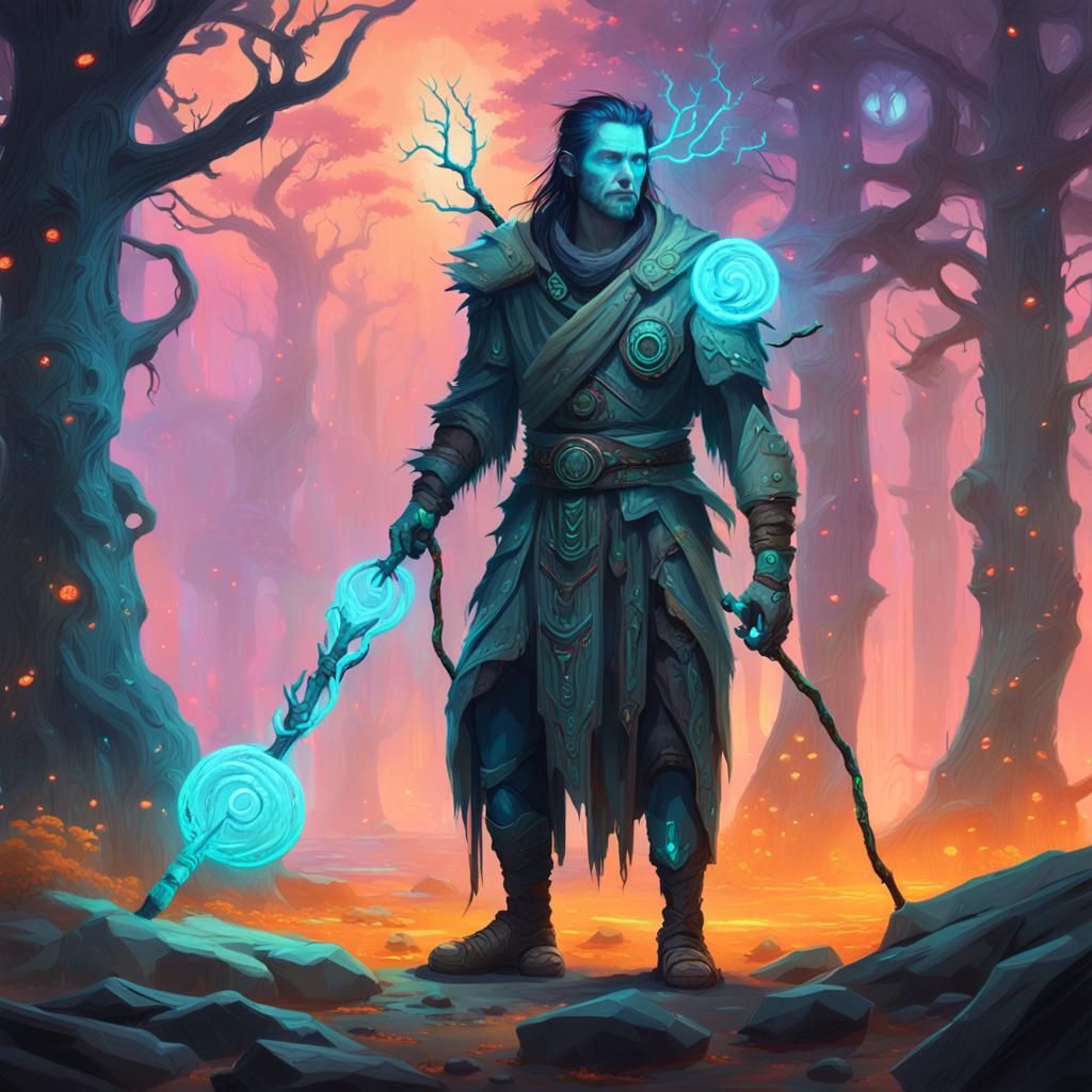 Cyberpunk Druid in Bioluminescent Forest