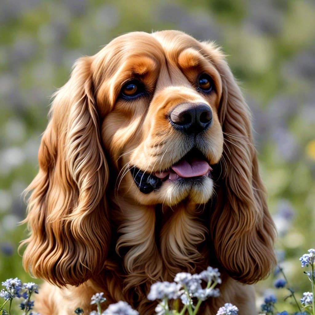 portrait of a beautiful cocker spaniel.  Flower bed background.  beautiful day, sunshine, bright flowers, blue sky.