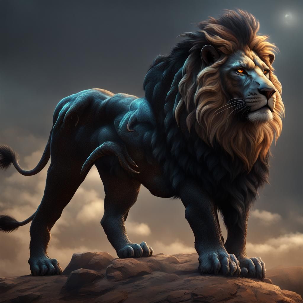 Detailed Matte Painting of a Black Lion Hybrid
