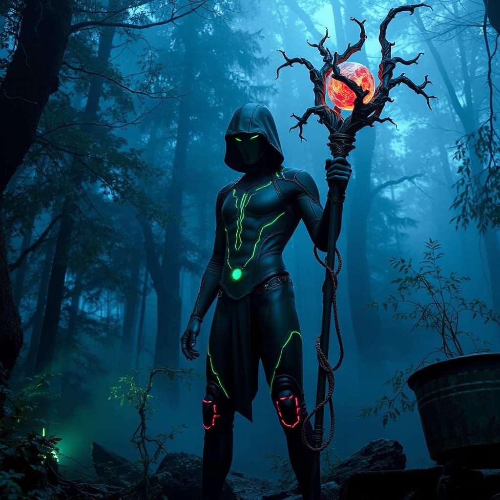 Cyborg Druid in Bioluminescent Forest