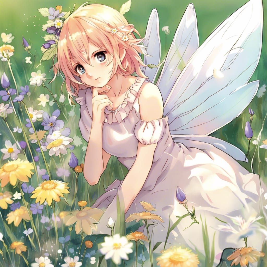 Wildflower Fairy in Anime Style Meadow