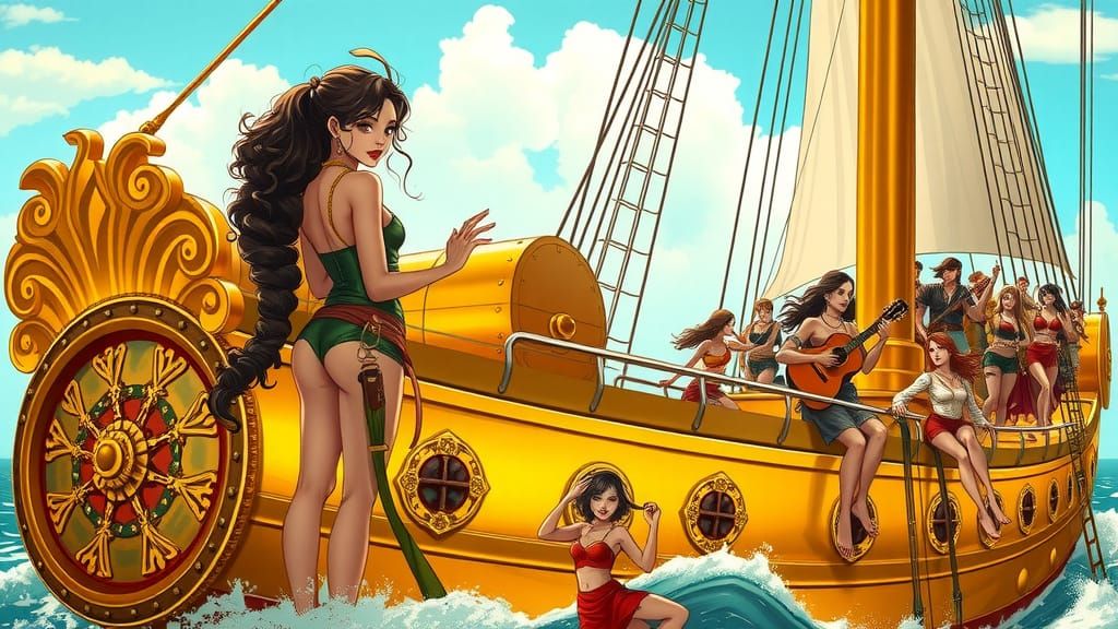 Golden Pirate Ship in Tropical Paradise