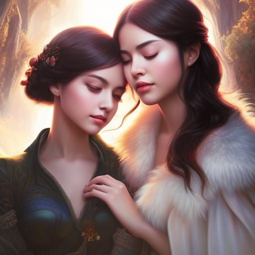 Two Girls Crying Softly in Fantasy Oil Painting