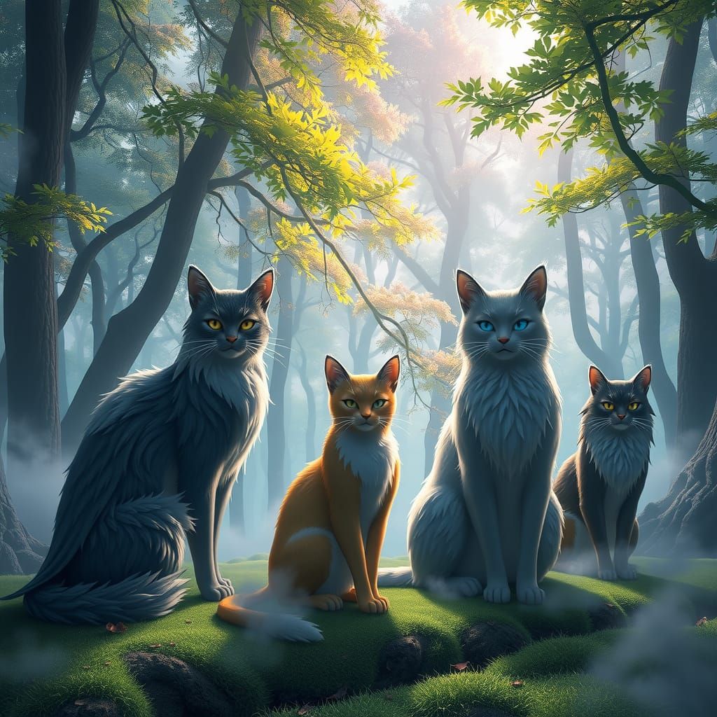 Anime Cats in Mystical Forest: 3D Rendered