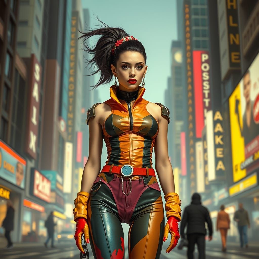 Futuristic Woman in Cityscape, Concept Art Style