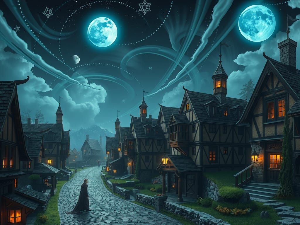 Mystical Medieval Village Under Surreal Night Sky