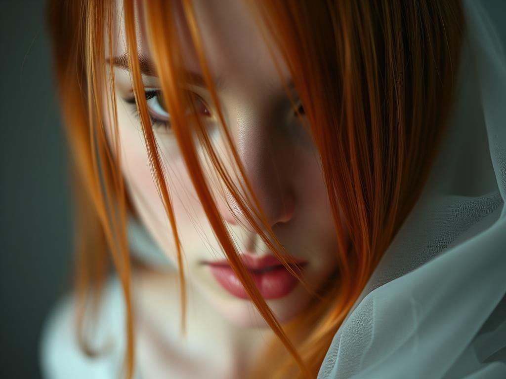 extreme close up, strands of red hair in her face