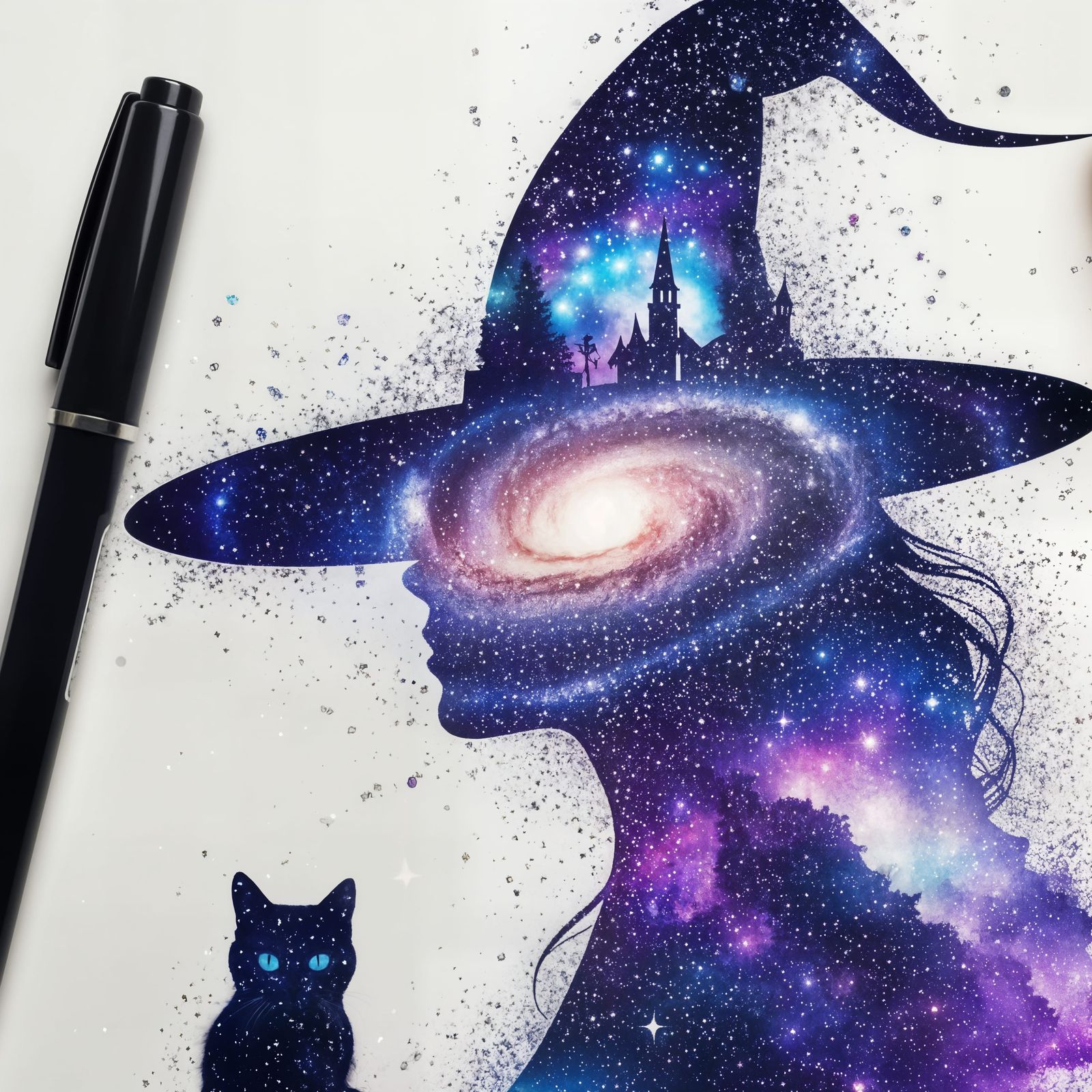 Mystical Witch and Cat Merged with Cosmic Galaxy Art