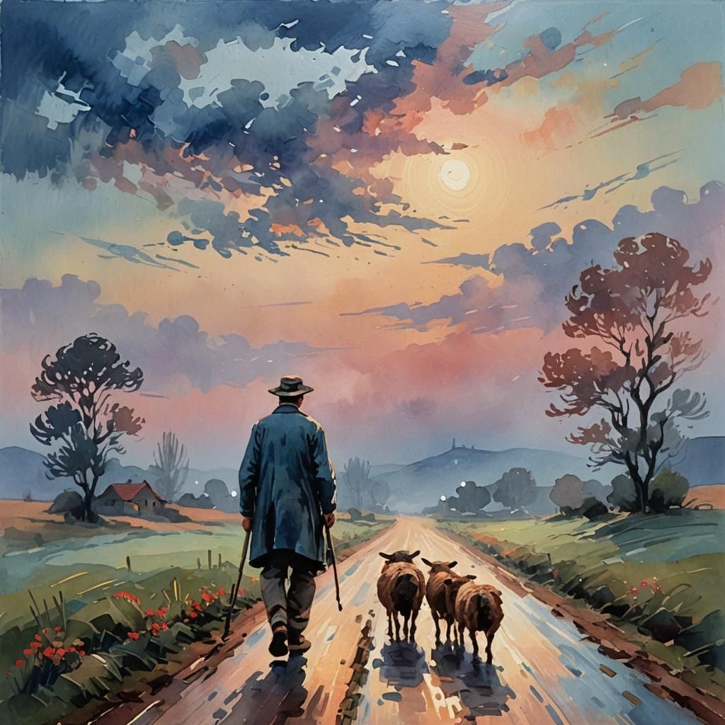Old Shepherd Walks Twilight Road: Impasto Gouache Painting
