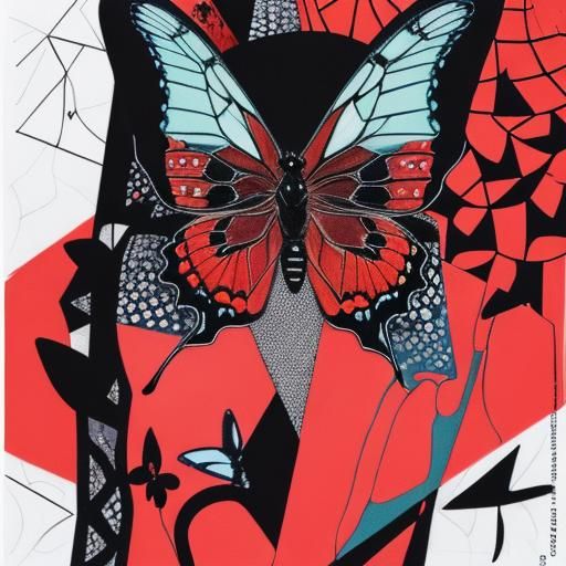 Cubist Butterfly in Red and Black Pointillism
