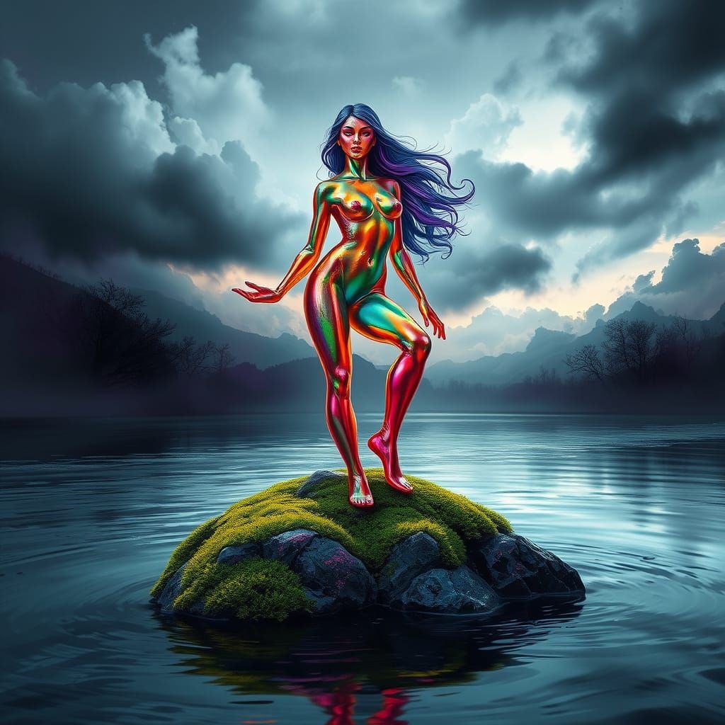 Glass Goddess Emerging from Dark Stormy Skies