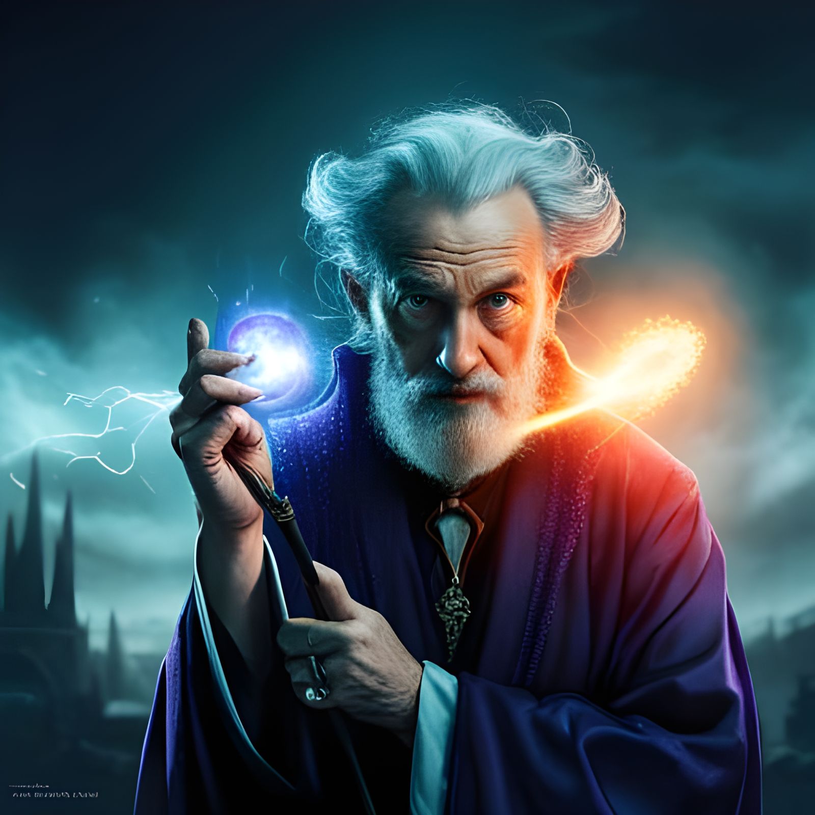 Mystical Old Magician with Wand in Vibrant Blue and Purple R...