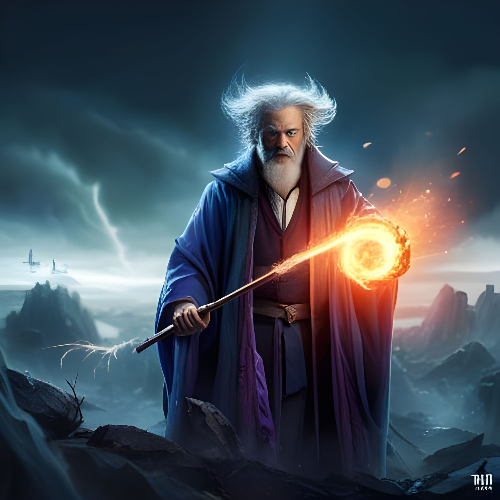 Old Magician Lights Up Wand with Magic, Digital Art