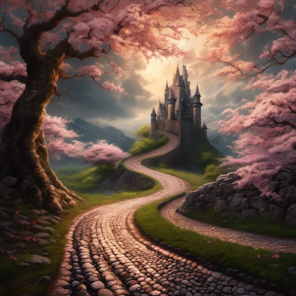 Whimsical Road with Cherry Blossoms and Castle