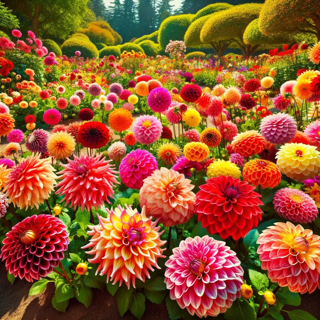 Lush Flower Bed with Vibrant Dahlias