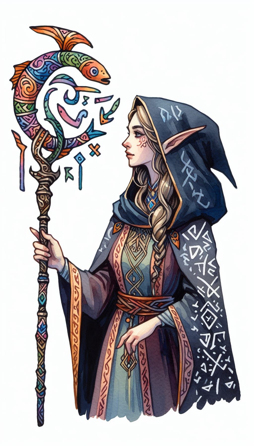 Elven Wizard with Fish Staff Watercolor Cartoon