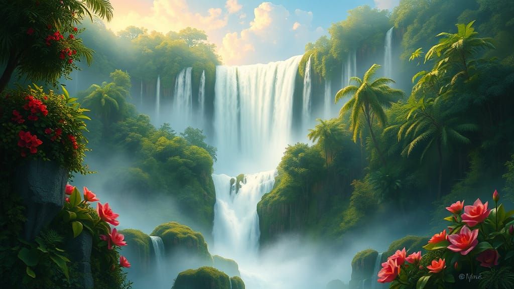 Ethereal Iguazu Falls in a Whimsical Fantasy Scene