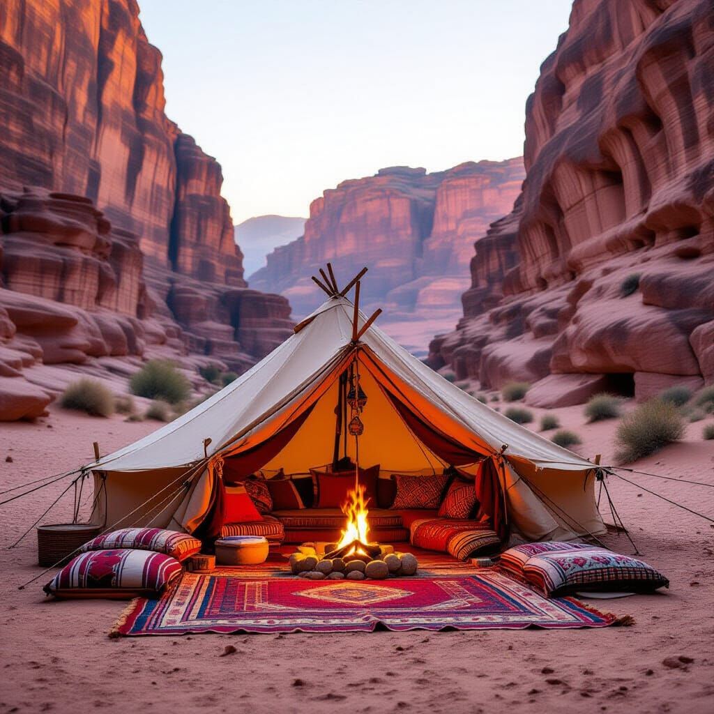 Bedouin Tent in Petra Canyon at Sunset