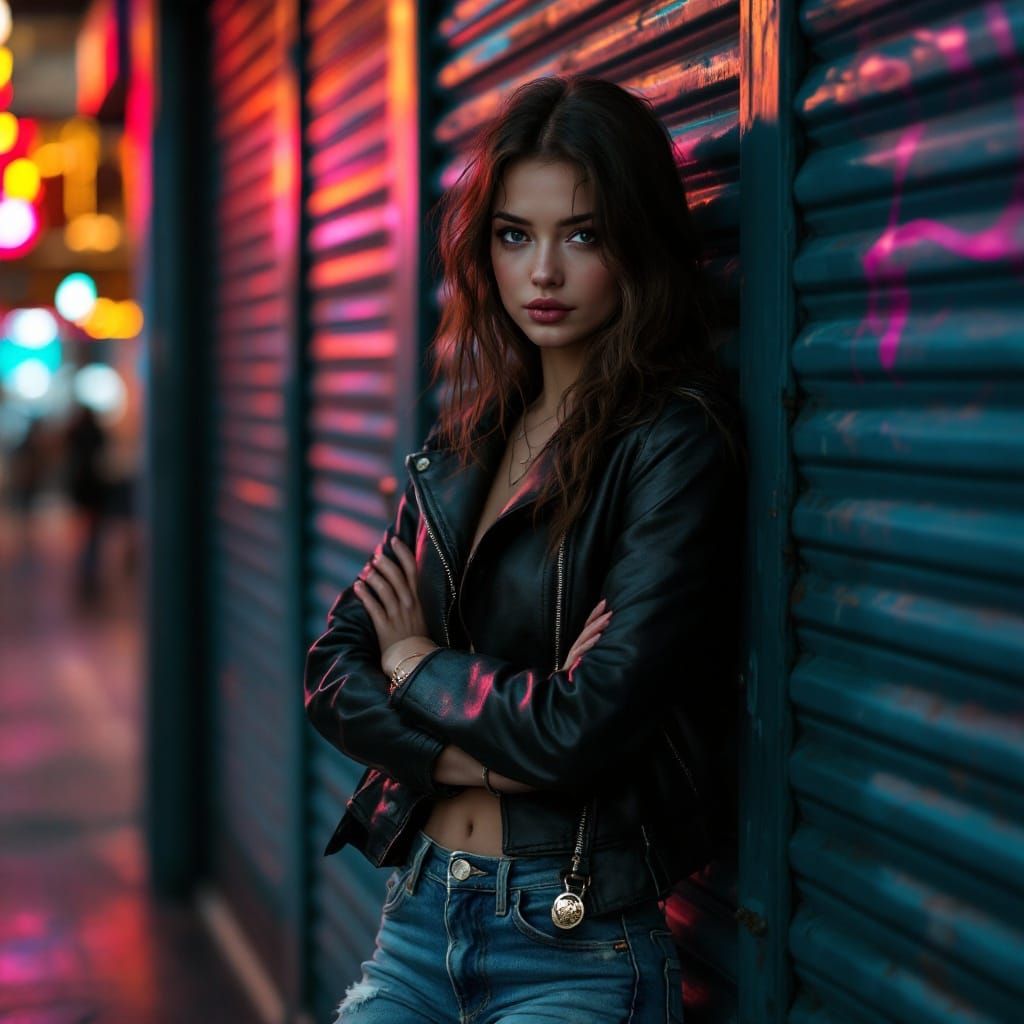Girl in Hyperrealistic Style Leans Against Bar Doors with Ar...