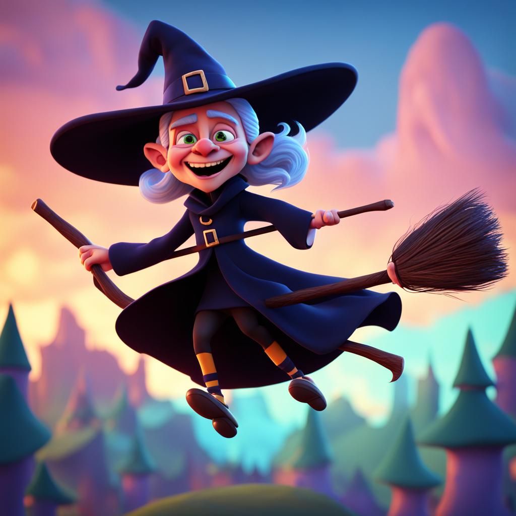Whimsical Elderly Witch Flying on Broomstick: 3D Digital Art