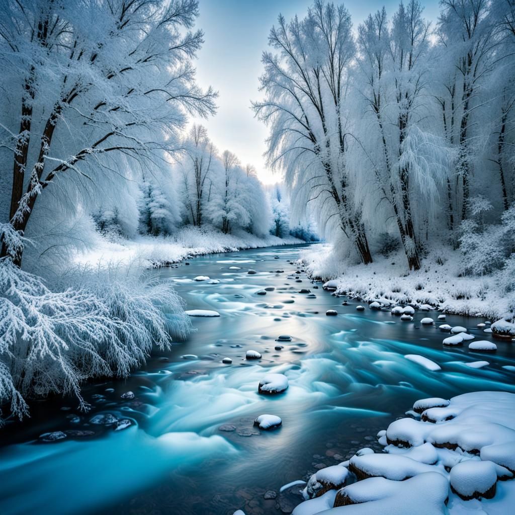 Winter River with Blue Ice and Frozen Trees