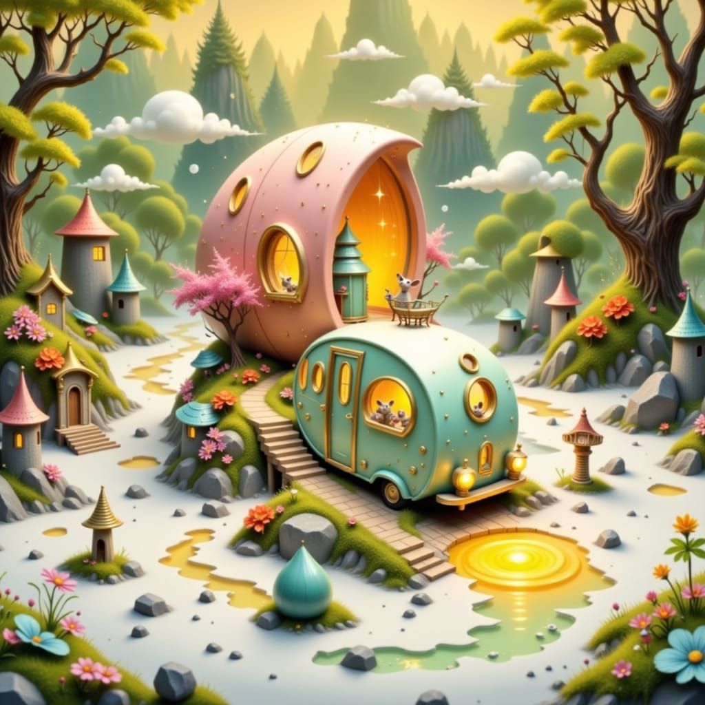 Miniature Village in Ornate Crescent Moon