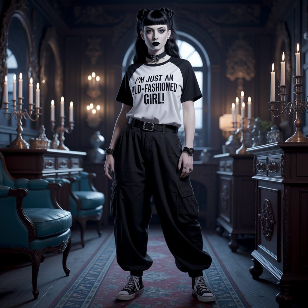Goth Female in Vintage-Style Room with Confident Expression