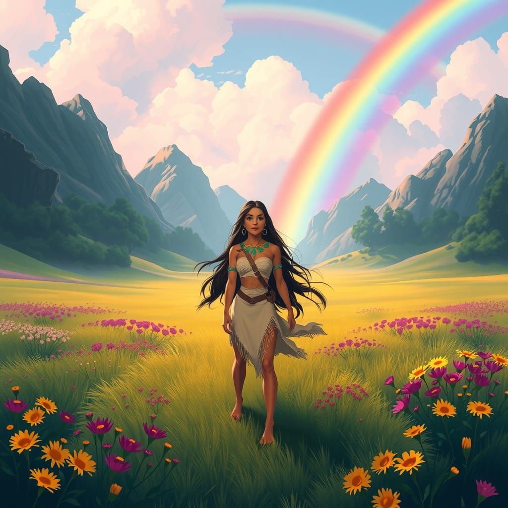 Disney's "Pocahontas" surrounded by a rainbow landscape.