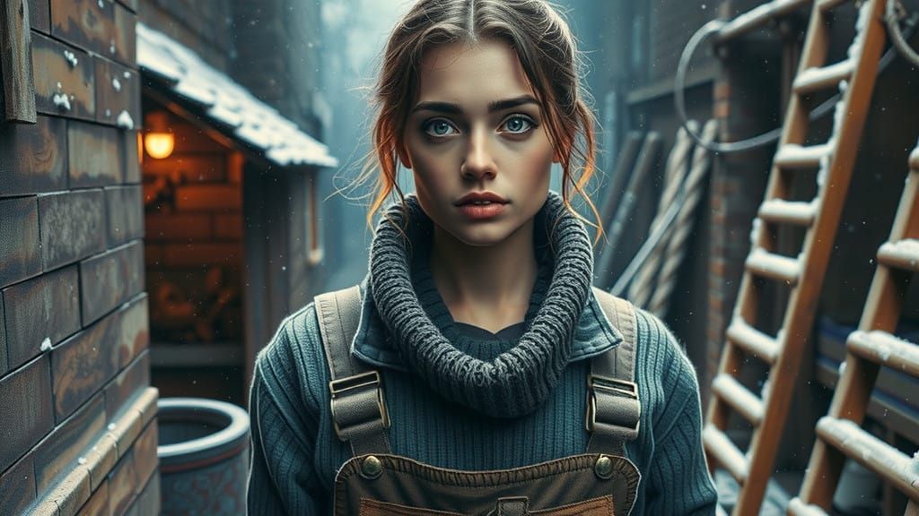 Cinematic Winter Survivor in Tattered Work Attire