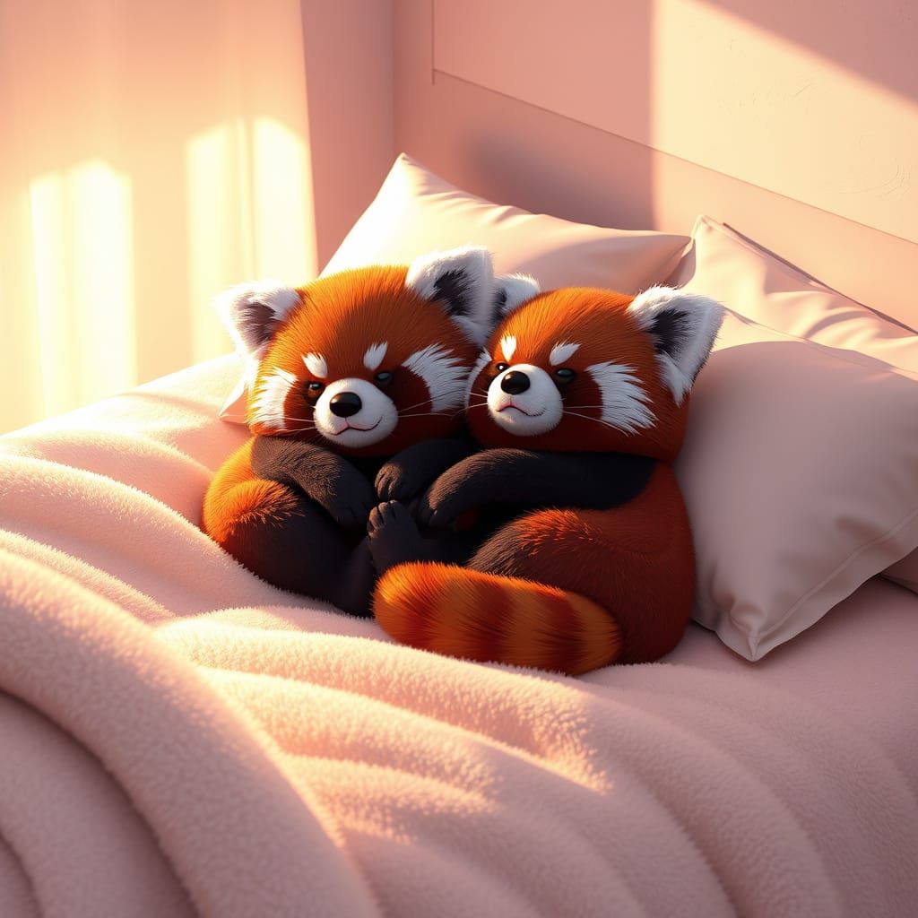 Adorable Red Pandas in a Cozy, Anime-Inspired Bedroom Scene