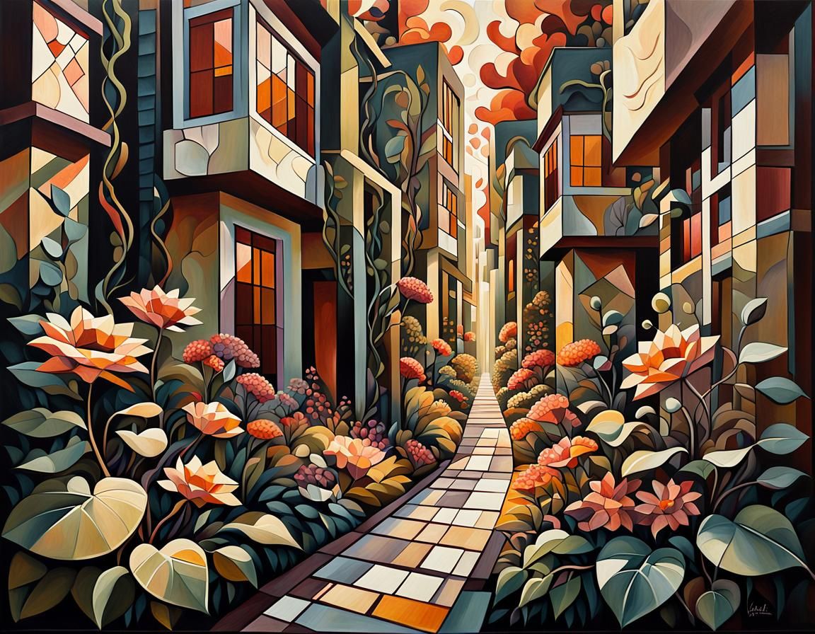 Cubist Garden Landscape in Acrylics