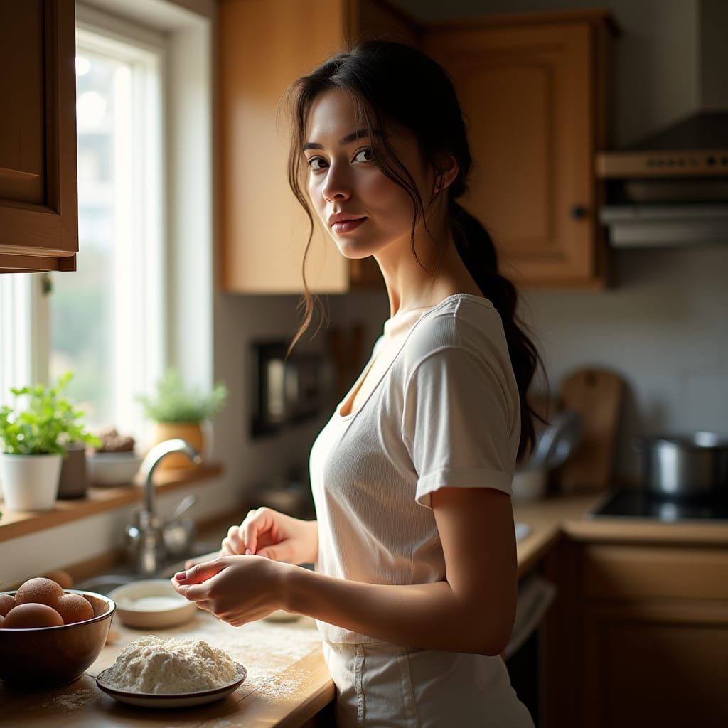 Young Woman in Cozy Kitchen, Natural Daylight Portrait