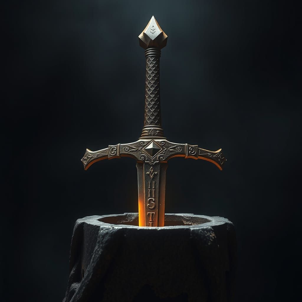 Heroic Glowing Cutlass Embedded in Stone Pedestal
