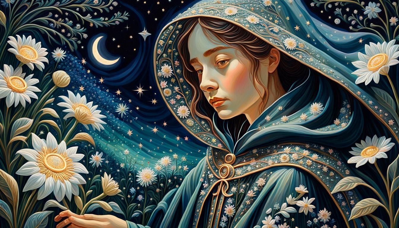 Moonlight Gardener Tending Star Flowers as Impasto Oil Paint...