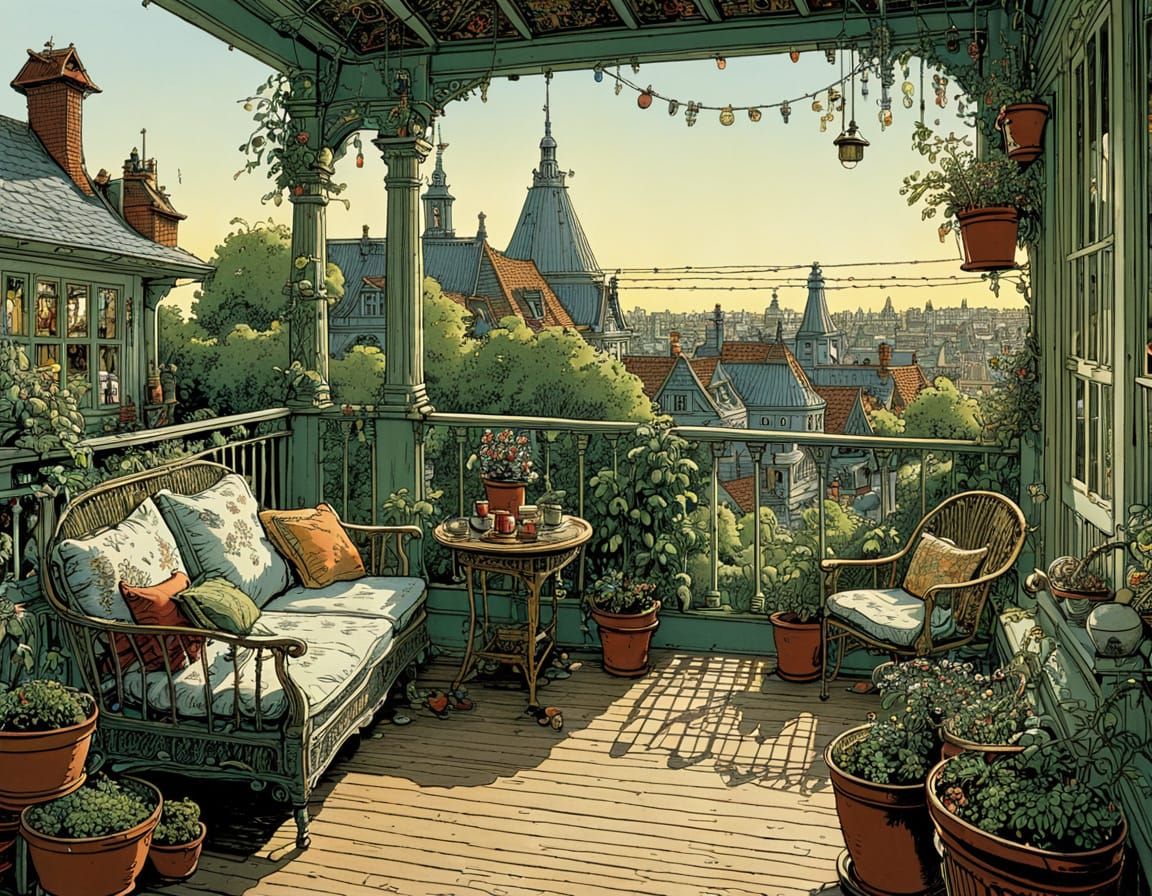 Surreal Family Portrait on a Veranda, in Whimsical Comic Boo...