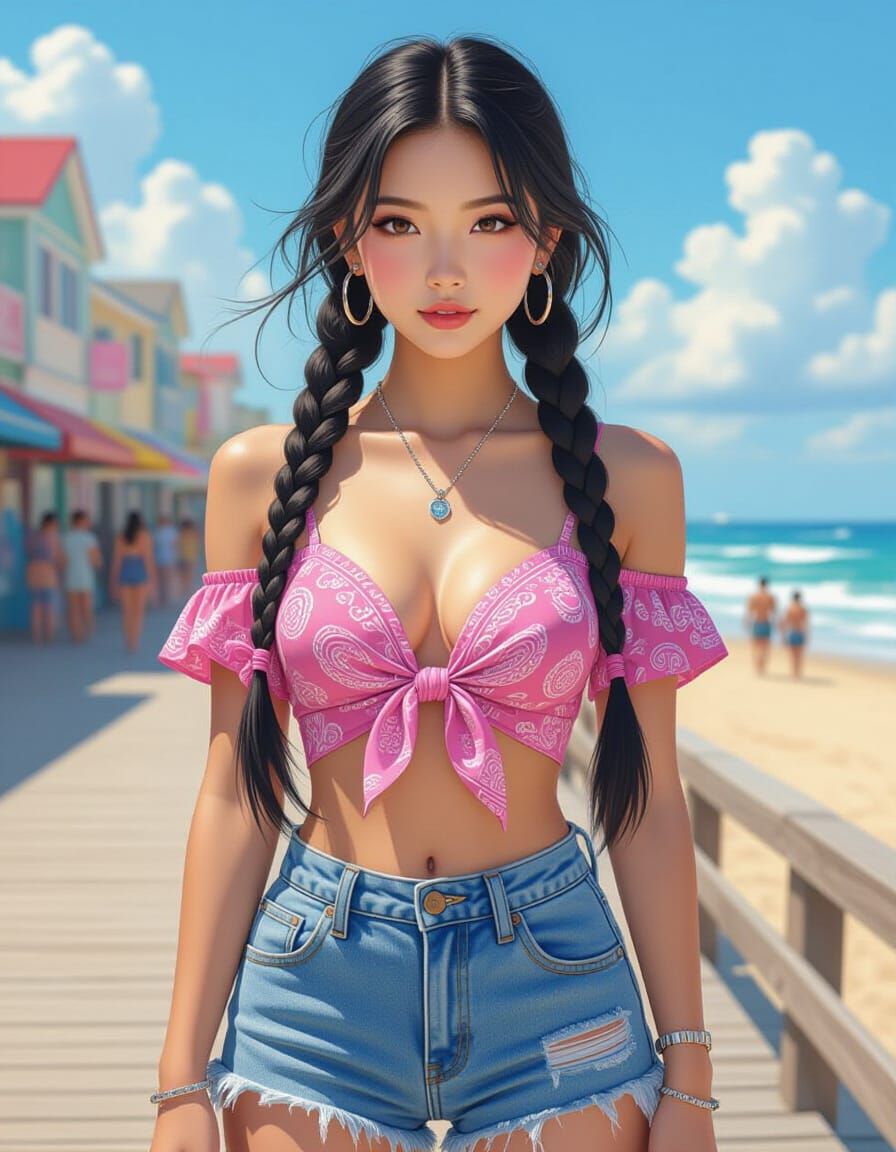 East Asian Woman on Boardwalk in Photorealistic Style