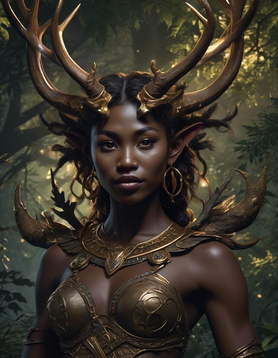 Female Satyr with Antlers Portrait in Dark Fantasy Style