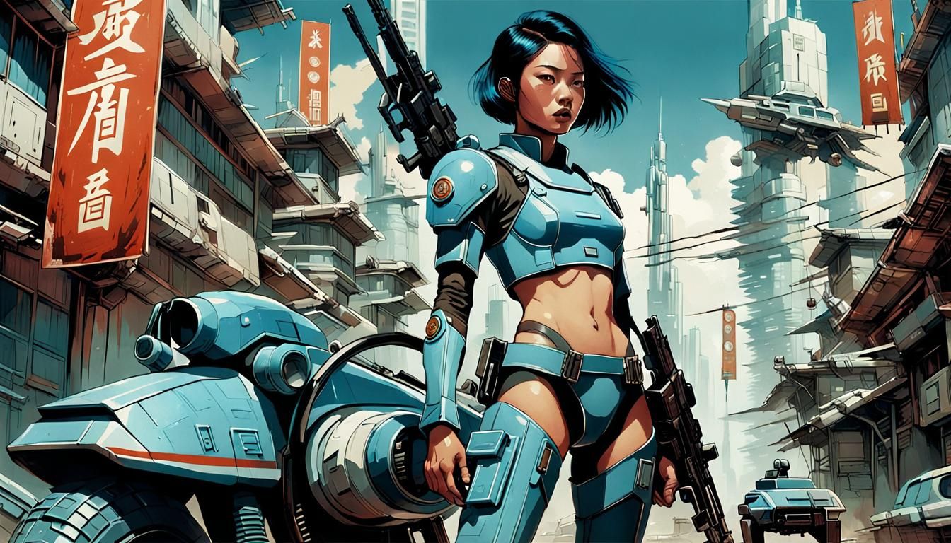 Retro-Futuristic Asian Soldier with Flying Bike