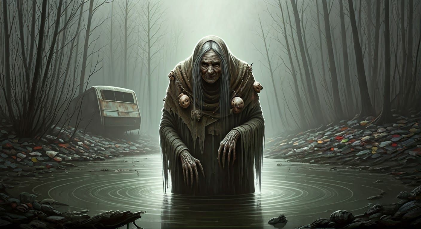 Rotting Swamp Witch in Post-Apocalyptic Landscape