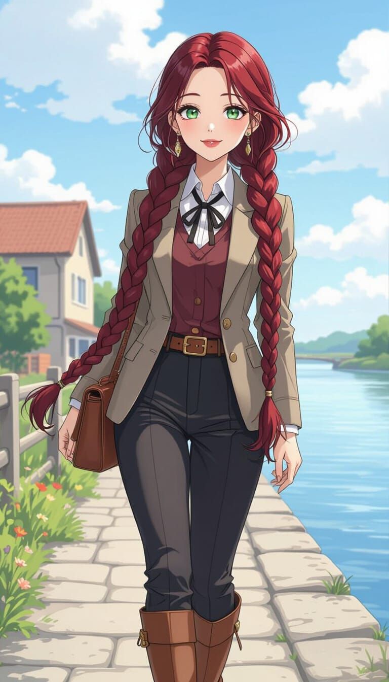 Woman Walking by River in Vibrant Manga Style