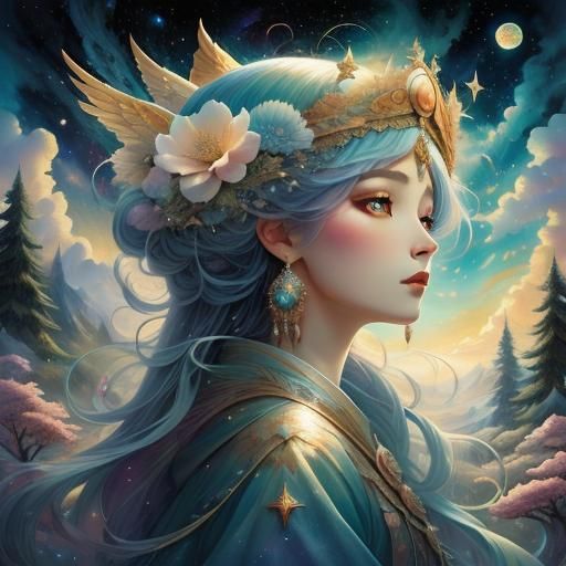 Sorceress in Pine Forest with Abstract Clouds