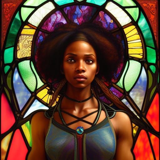 Vibrant Stained Glass Portrait of Black Female Warrior