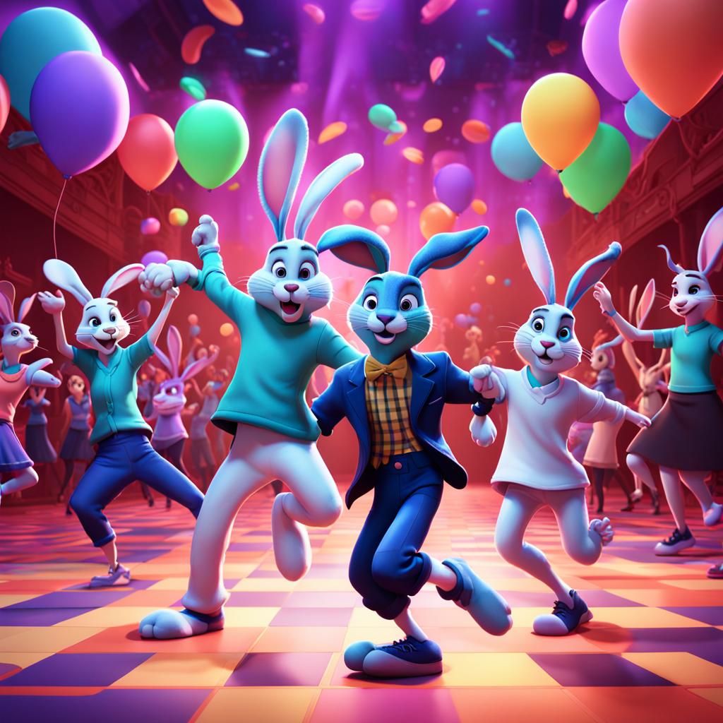Rabbits at a High School Dance in Pixar Style