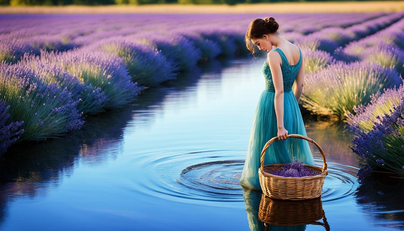 Watercolor Woman with Lavender Basket, Impressionistic Style